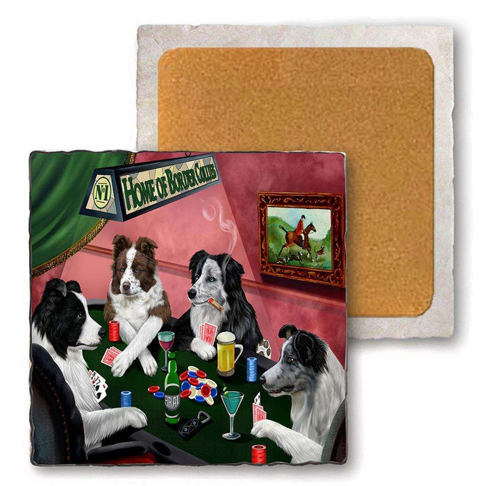 Set of 4 Natural Stone Marble Tile Coasters - Home of Border Collie 4 Dogs Playing Poker MCST48008
