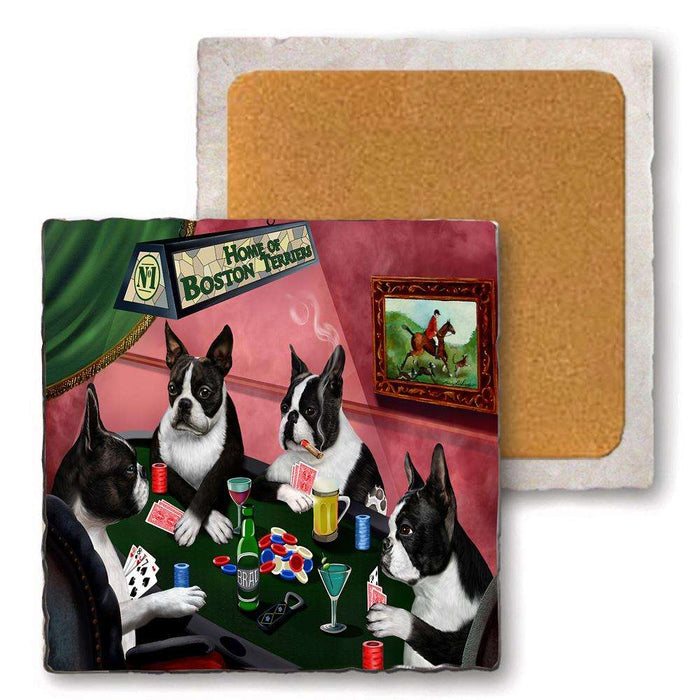 Set of 4 Natural Stone Marble Tile Coasters - Home of Boston Terrier 4 Dogs Playing Poker MCST48009