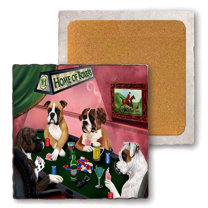 Set of 4 Natural Stone Marble Tile Coasters - Home of Boxer 4 Dogs Playing Poker MCST48010