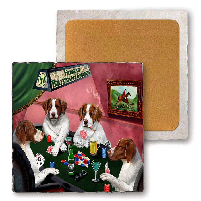 Set of 4 Natural Stone Marble Tile Coasters - Home of Brittany Spaniel 4 Dogs Playing Poker MCST48072