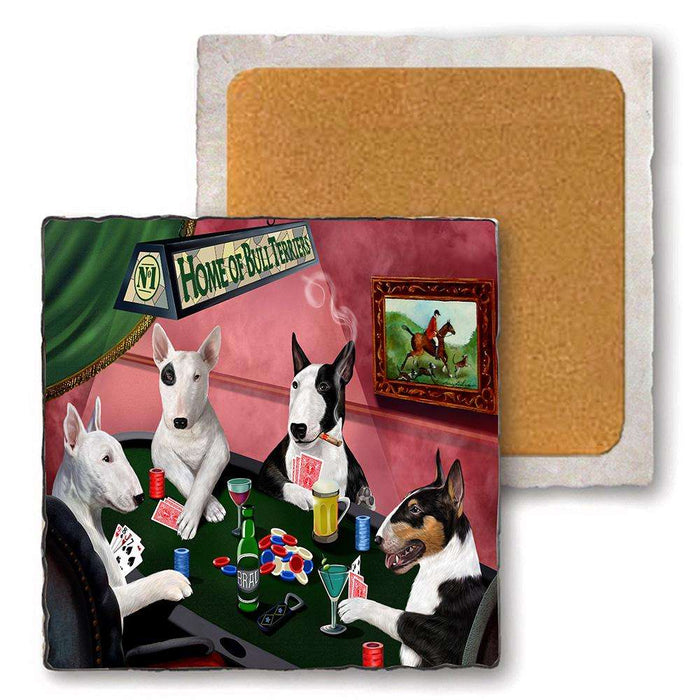 Set of 4 Natural Stone Marble Tile Coasters - Home of Bull Terrier 4 Dogs Playing Poker MCST48011