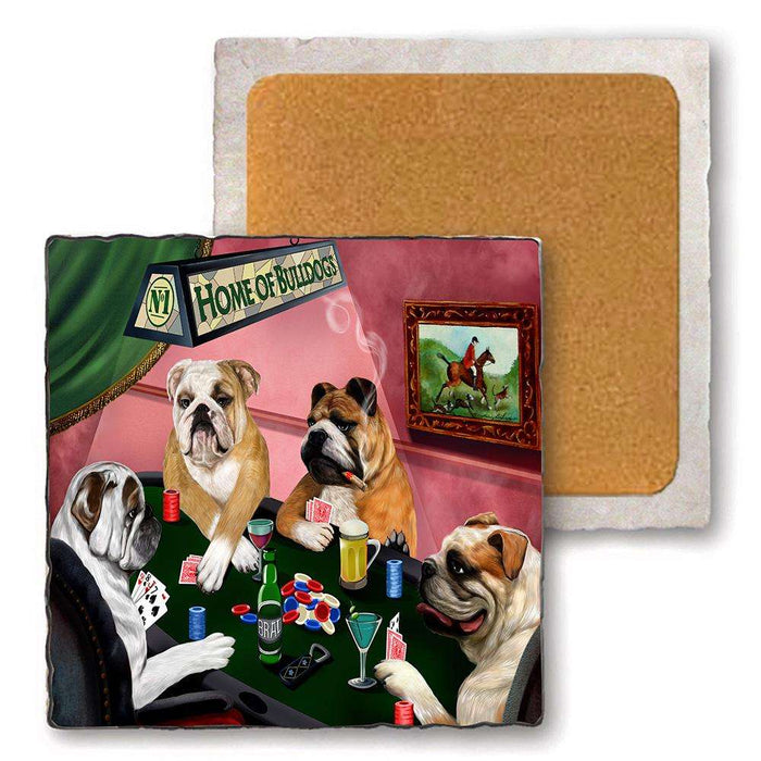 Set of 4 Natural Stone Marble Tile Coasters - Home of Bulldog 4 Dogs Playing Poker MCST48012
