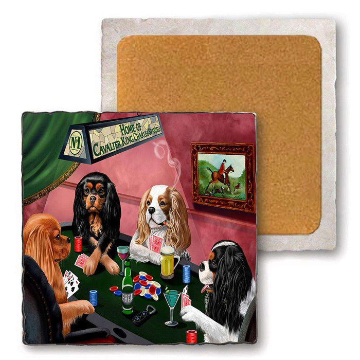 Set of 4 Natural Stone Marble Tile Coasters - Home of Cavalier King Charles Spaniel 4 Dogs Playing Poker MCST48032