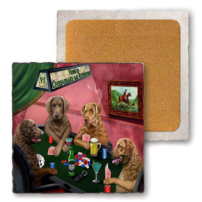Set of 4 Natural Stone Marble Tile Coasters - Home of Chesapeake Bay Retriever 4 Dogs Playing Poker MCST48073