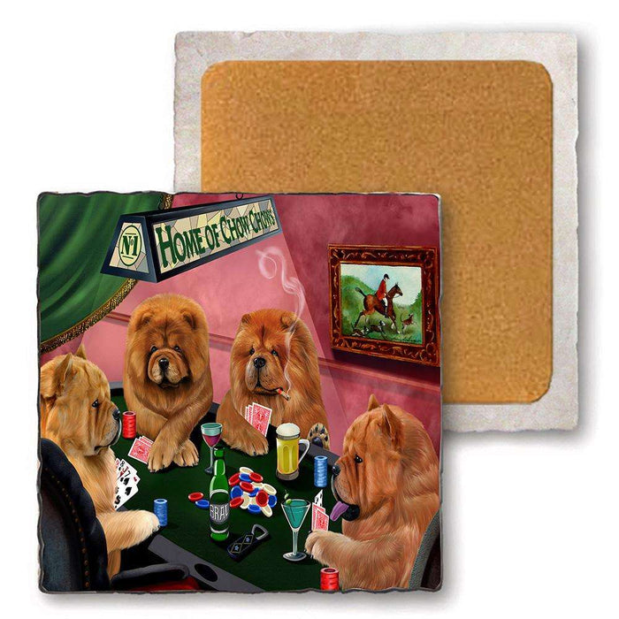 Set of 4 Natural Stone Marble Tile Coasters - Home of Chow Chow 4 Dogs Playing Poker MCST48015