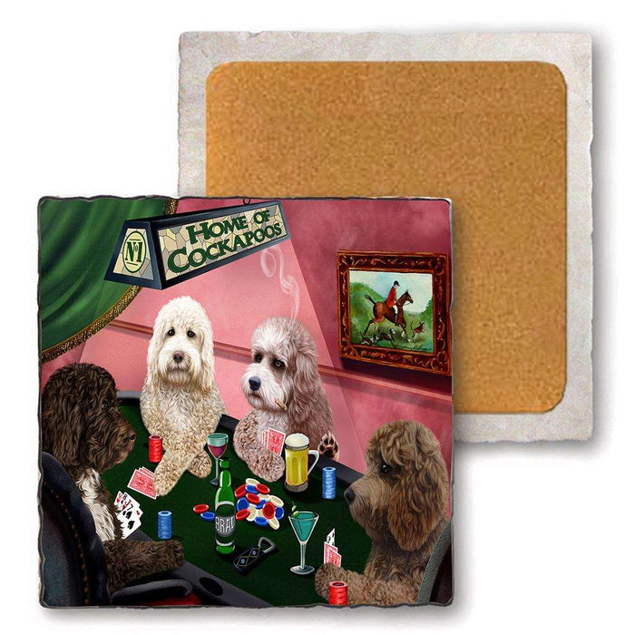 Set of 4 Natural Stone Marble Tile Coasters - Home of Cockapoo 4 Dogs Playing Poker MCST48061