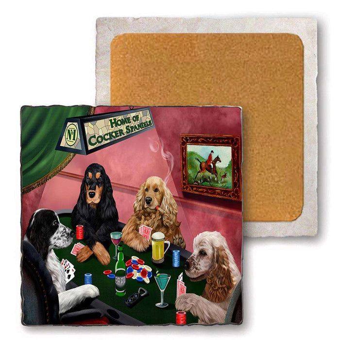 Set of 4 Natural Stone Marble Tile Coasters - Home of Cocker Spaniel 4 Dogs Playing Poker MCST48016