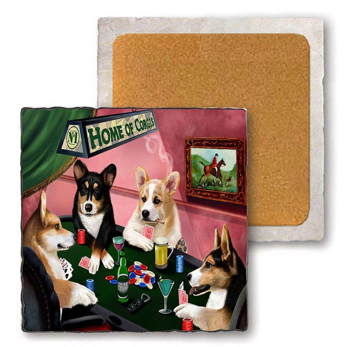 Set of 4 Natural Stone Marble Tile Coasters - Home of Corgi 4 Dogs Playing Poker MCST48017