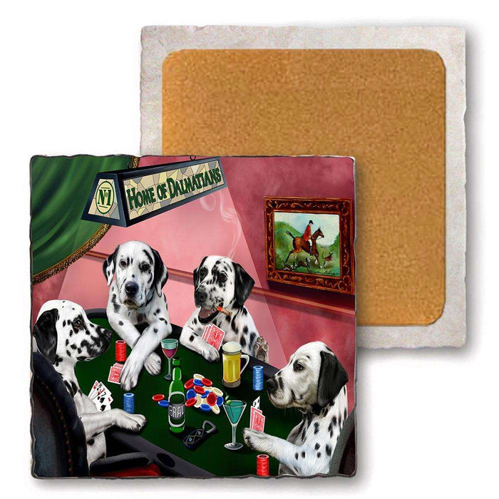 Set of 4 Natural Stone Marble Tile Coasters - Home of Dalmatian 4 Dogs Playing Poker MCST48019