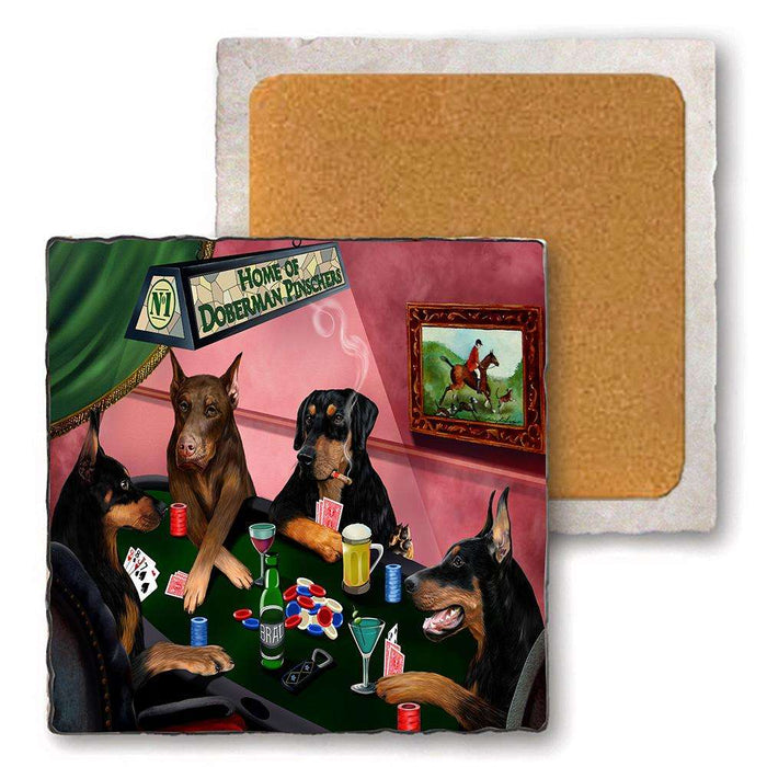 Set of 4 Natural Stone Marble Tile Coasters - Home of Doberman Pinscher 4 Dogs Playing Poker MCST48020