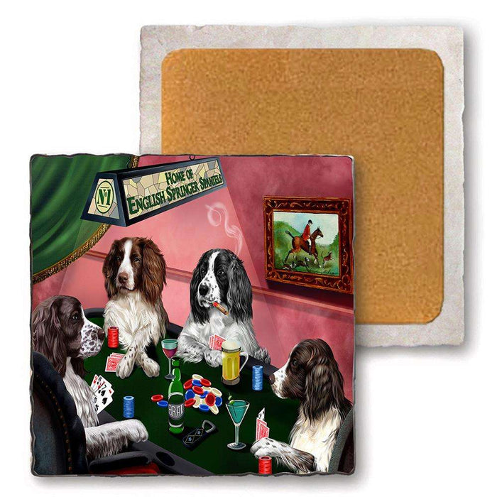 Set of 4 Natural Stone Marble Tile Coasters - Home of English Springer Spaniel 4 Dogs Playing Poker MCST48021