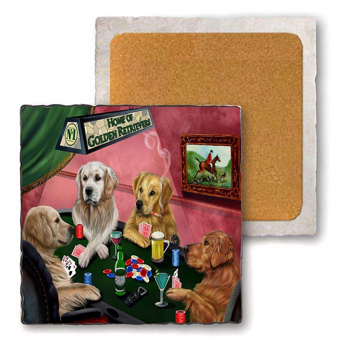 Set of 4 Natural Stone Marble Tile Coasters - Home of Golden Retriever 4 Dogs Playing Poker MCST48026