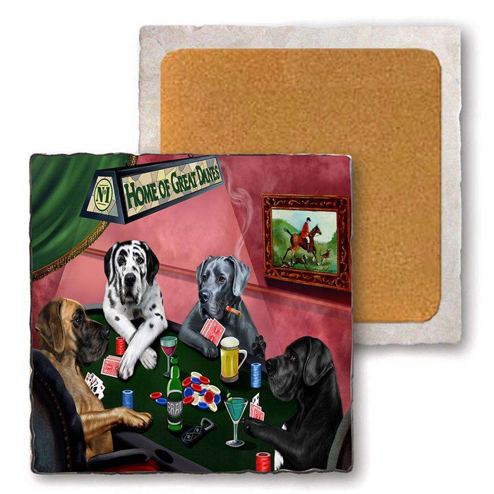 Set of 4 Natural Stone Marble Tile Coasters - Home of Great Dane 4 Dogs Playing Poker MCST48028