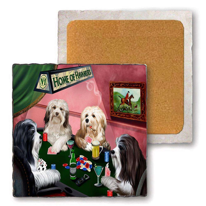 Set of 4 Natural Stone Marble Tile Coasters - Home of Havanese 4 Dogs Playing Poker MCST48029