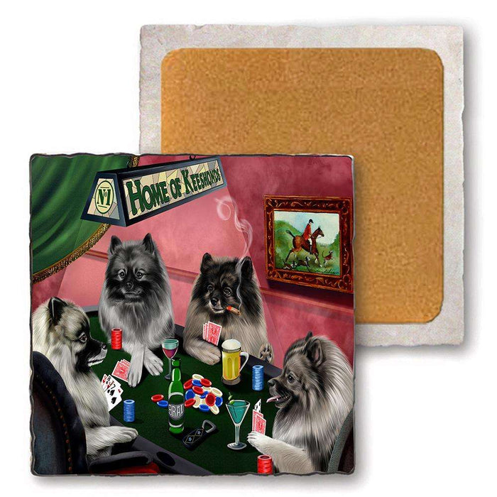 Set of 4 Natural Stone Marble Tile Coasters - Home of Keeshond 4 Dogs Playing Poker MCST48031