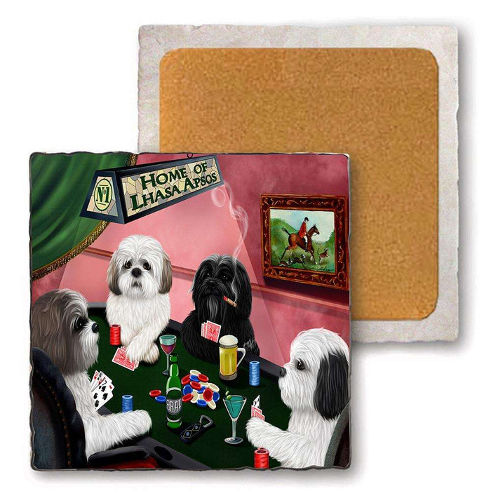 Set of 4 Natural Stone Marble Tile Coasters - Home of Lhasa Apso 4 Dogs Playing Poker MCST48054