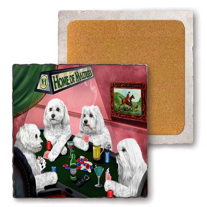 Set of 4 Natural Stone Marble Tile Coasters - Home of Maltese 4 Dogs Playing Poker MCST48064