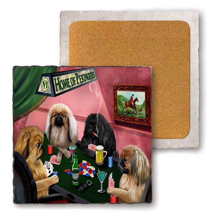 Set of 4 Natural Stone Marble Tile Coasters - Home of Pekingese 4 Dogs Playing Poker MCST48065