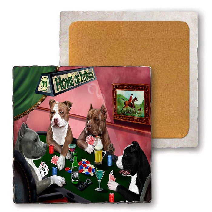 Set of 4 Natural Stone Marble Tile Coasters - Home of Pit Bull 4 Dogs Playing Poker MCST48034