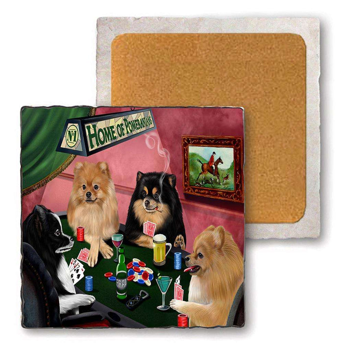 Set of 4 Natural Stone Marble Tile Coasters - Home of Pomeranian 4 Dogs Playing Poker MCST48035