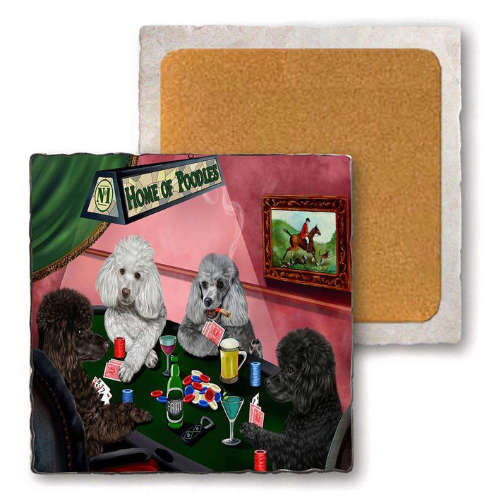 Set of 4 Natural Stone Marble Tile Coasters - Home of Poodle 4 Dogs Playing Poker MCST48036