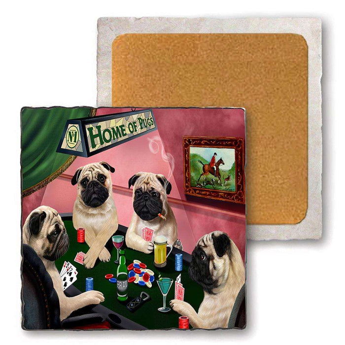 Set of 4 Natural Stone Marble Tile Coasters - Home of Pug 4 Dogs Playing Poker MCST48037