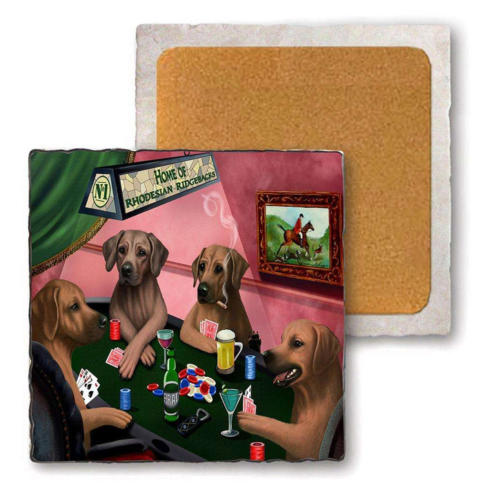 Set of 4 Natural Stone Marble Tile Coasters - Home of Rhodesian Ridgeback 4 Dogs Playing Poker MCST48038