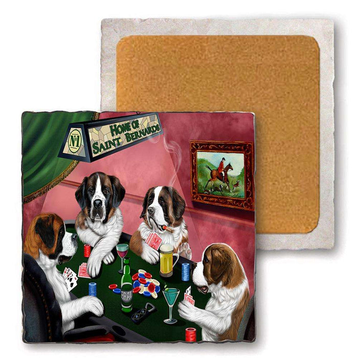 Set of 4 Natural Stone Marble Tile Coasters - Home of Saint Bernard 4 Dogs Playing Poker MCST48040
