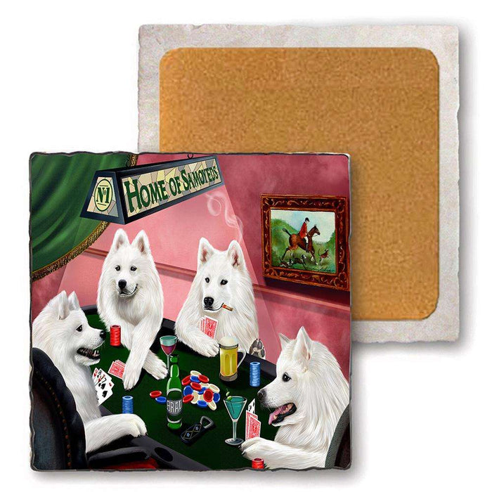 Set of 4 Natural Stone Marble Tile Coasters - Home of Samoyed 4 Dogs Playing Poker MCST48041
