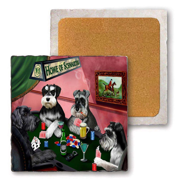 Set of 4 Natural Stone Marble Tile Coasters - Home of Schnauzer 4 Dogs Playing Poker MCST48042