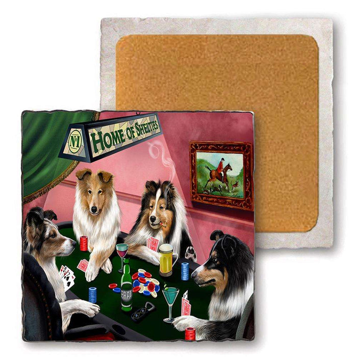 Set of 4 Natural Stone Marble Tile Coasters - Home of Sheltie 4 Dogs Playing Poker MCST48043