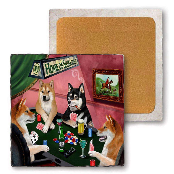 Set of 4 Natural Stone Marble Tile Coasters - Home of Shiba Inu 4 Dogs Playing Poker MCST48044