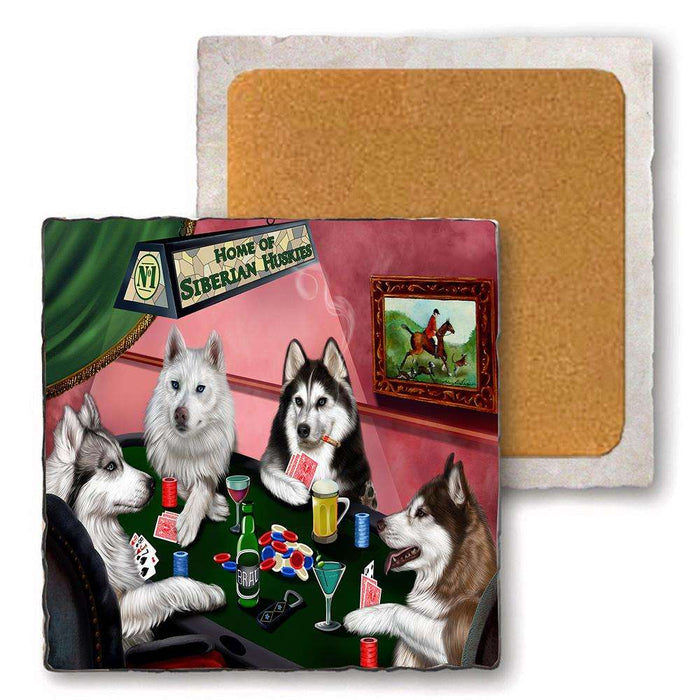 Set of 4 Natural Stone Marble Tile Coasters - Home of Siberian Huskie 4 Dogs Playing Poker MCST48046