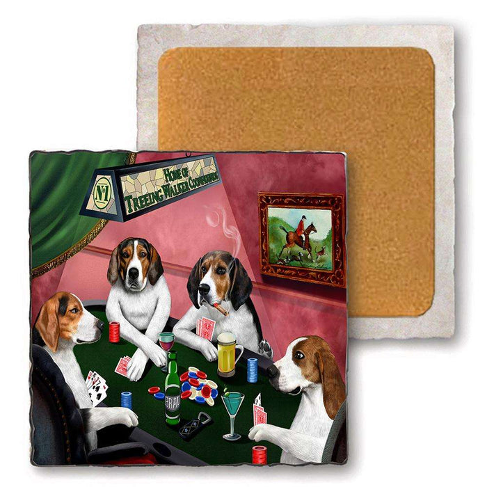 Set of 4 Natural Stone Marble Tile Coasters - Home of Treeing Walker Coonhound 4 Dogs Playing Poker MCST48066