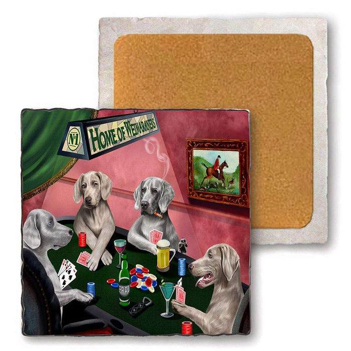 Set of 4 Natural Stone Marble Tile Coasters - Home of Weimaraner 4 Dogs Playing Poker MCST48048