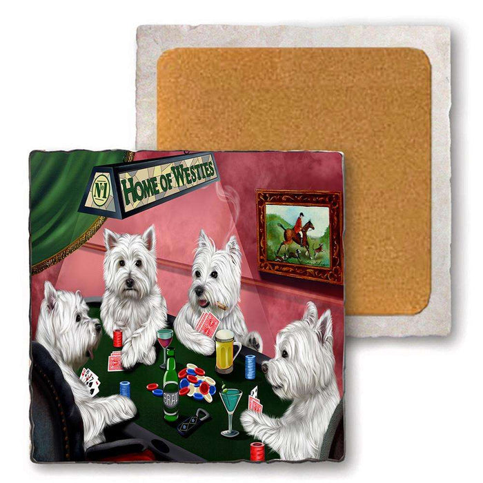 Set of 4 Natural Stone Marble Tile Coasters - Home of West Highland White Terrier 4 Dogs Playing Poker MCST48049