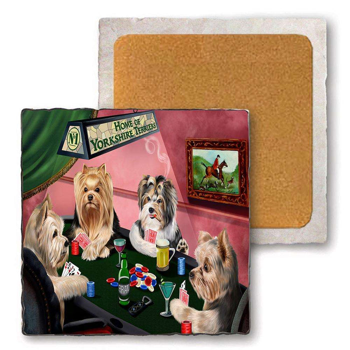Set of 4 Natural Stone Marble Tile Coasters - Home of Yorkshire Terrier 4 Dogs Playing Poker MCST48050