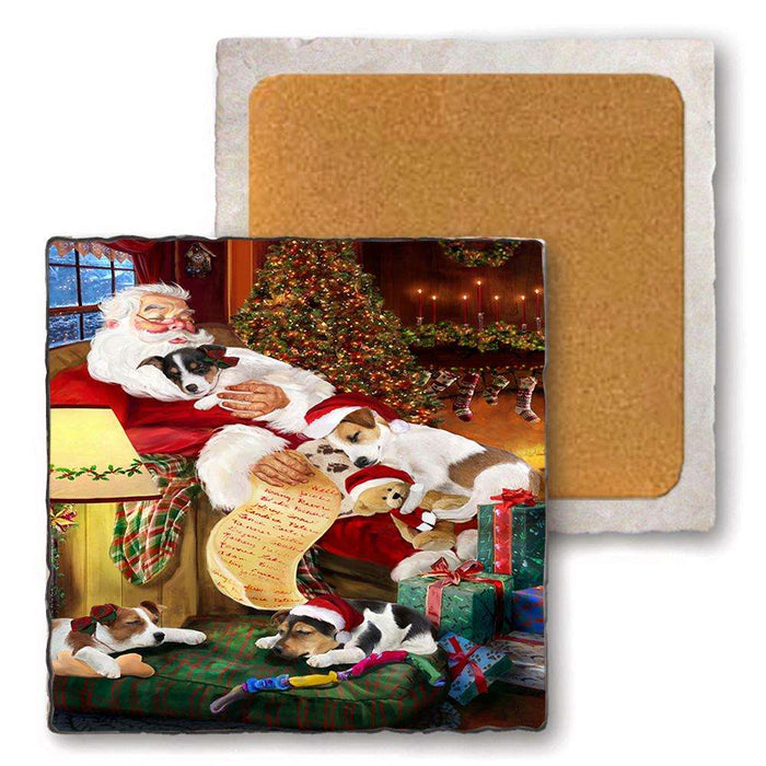 Set of 4 Natural Stone Marble Tile Coasters - Jack Russells Dog and Puppies Sleeping with Santa MCST48107