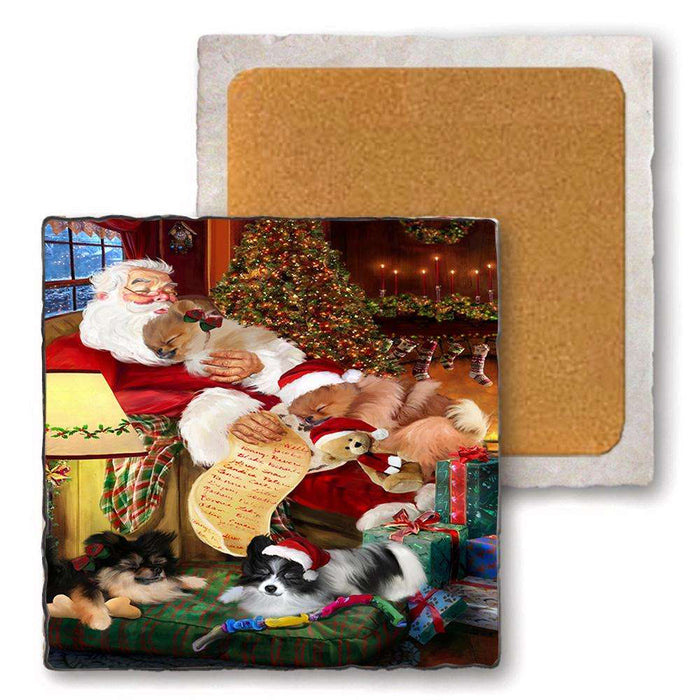 Set of 4 Natural Stone Marble Tile Coasters - Pomeranians Dog and Puppies Sleeping with Santa MCST48111