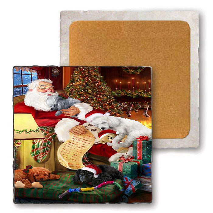 Set of 4 Natural Stone Marble Tile Coasters - Poodles Dog and Puppies Sleeping with Santa MCST48112