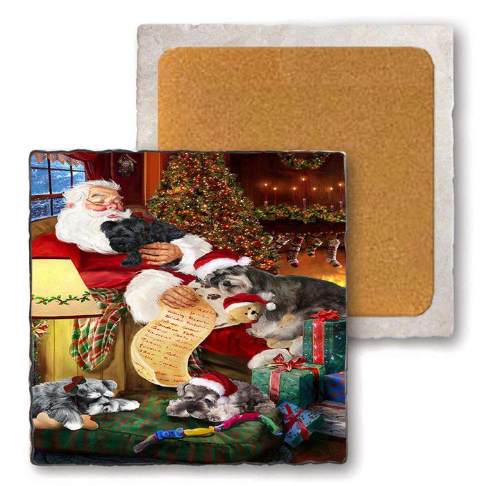Set of 4 Natural Stone Marble Tile Coasters - Schnauzers Dog and Puppies Sleeping with Santa MCST48117