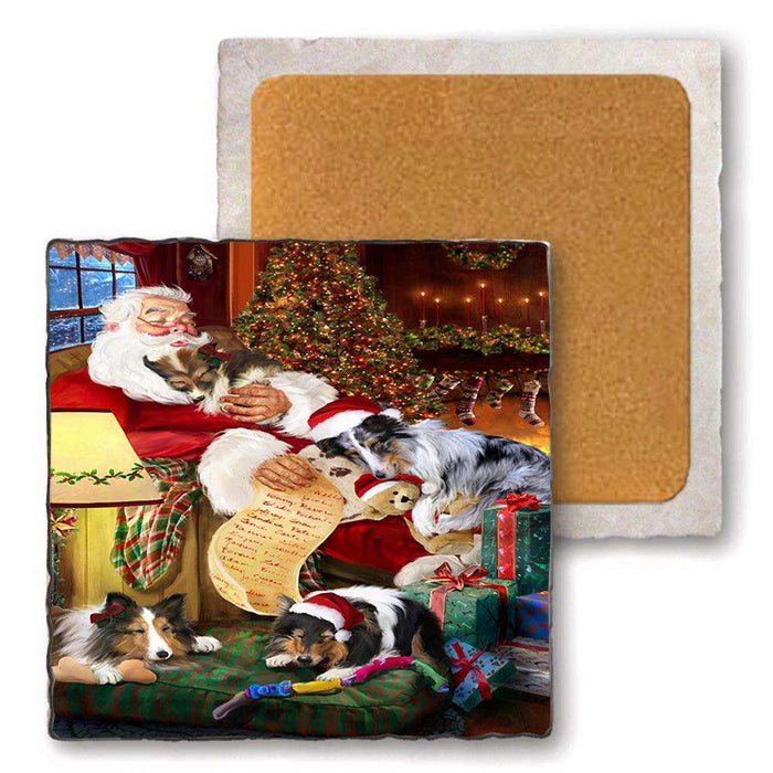 Set of 4 Natural Stone Marble Tile Coasters - Shelties Dog and Puppies Sleeping with Santa MCST48118