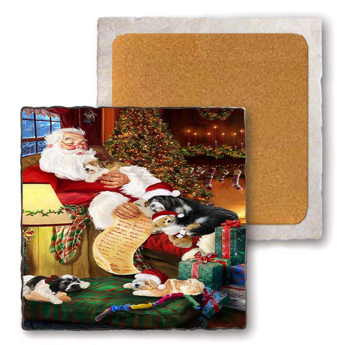 Set of 4 Natural Stone Marble Tile Coasters - Tibetan Terriers Dog and Puppies Sleeping with Santa MCST48142