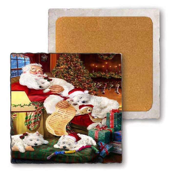 Set of 4 Natural Stone Marble Tile Coasters - Westies Dog and Puppies Sleeping with Santa MCST48123