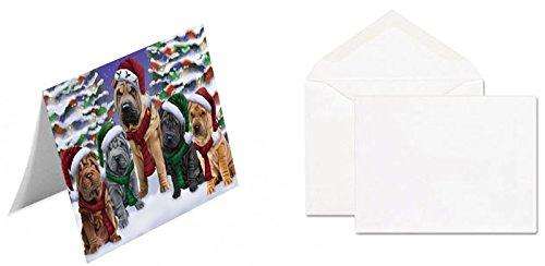Shar Pei Dog Christmas Family Portrait in Holiday Scenic Background Handmade Artwork Assorted Pets Greeting Cards and Note Cards with Envelopes for All Occasions and Holiday Seasons