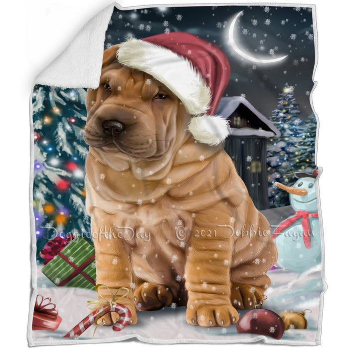 Have a Holly Jolly Christmas Shar-Pei Dog in Holiday Background Blanket D123