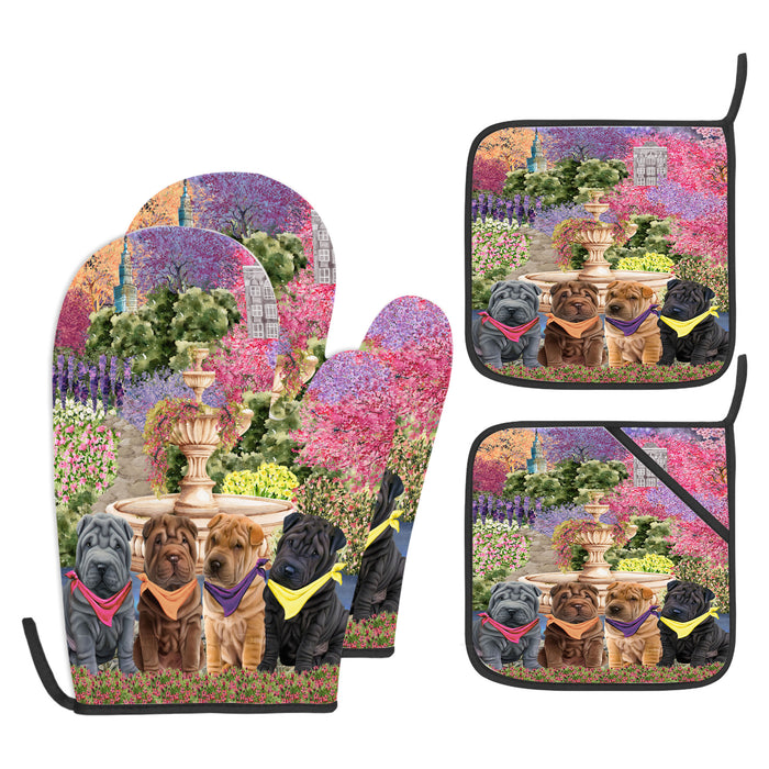 Shar Pei Oven Mitts and Pot Holder Set: Explore a Variety of Designs, Personalized, Potholders with Kitchen Gloves for Cooking, Custom, Halloween Gifts for Dog Mom