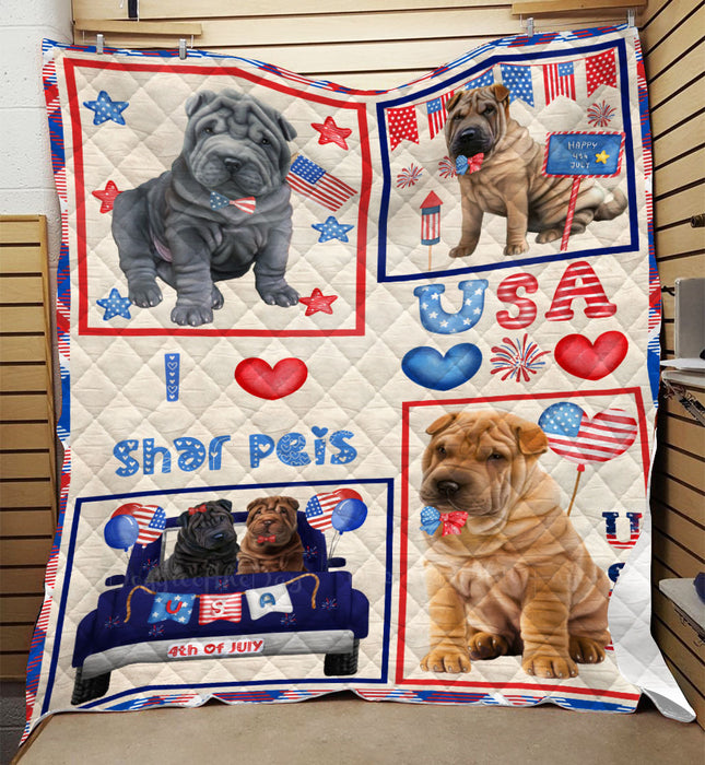 4th of July Independence Day I Love USA Shar Pei Dogs Quilt Bed Coverlet Bedspread - Pets Comforter Unique One-side Animal Printing - Soft Lightweight Durable Washable Polyester Quilt