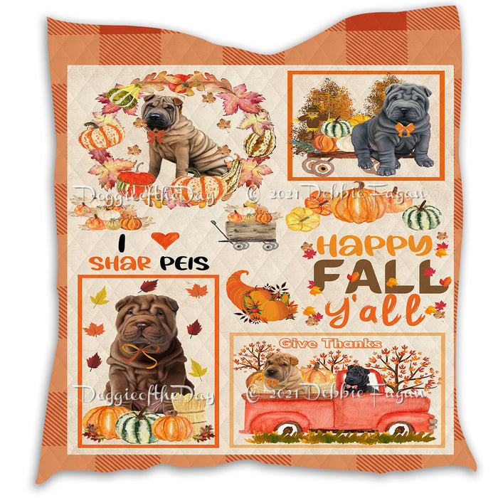 Happy Fall Y'all Pumpkin Shar Pei Dogs Quilt Bed Coverlet Bedspread - Pets Comforter Unique One-side Animal Printing - Soft Lightweight Durable Washable Polyester Quilt