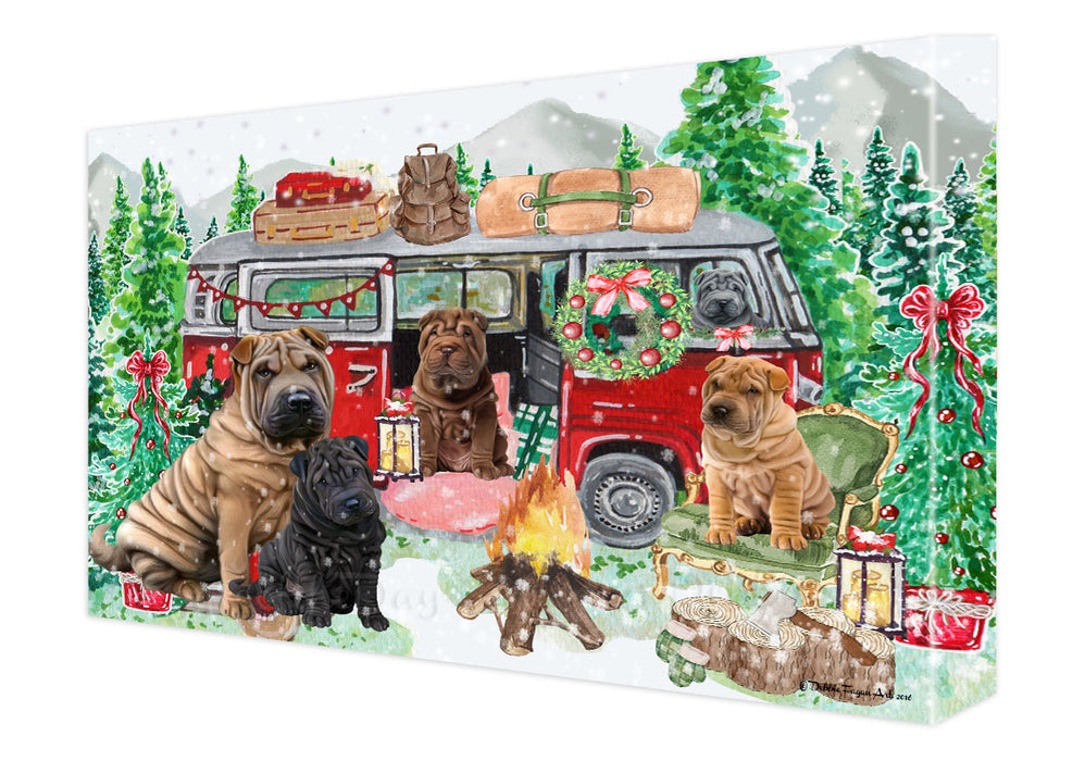 Christmas Time Camping with Shar Pei Dogs Canvas Wall Art - Premium Quality Ready to Hang Room Decor Wall Art Canvas - Unique Animal Printed Digital Painting for Decoration